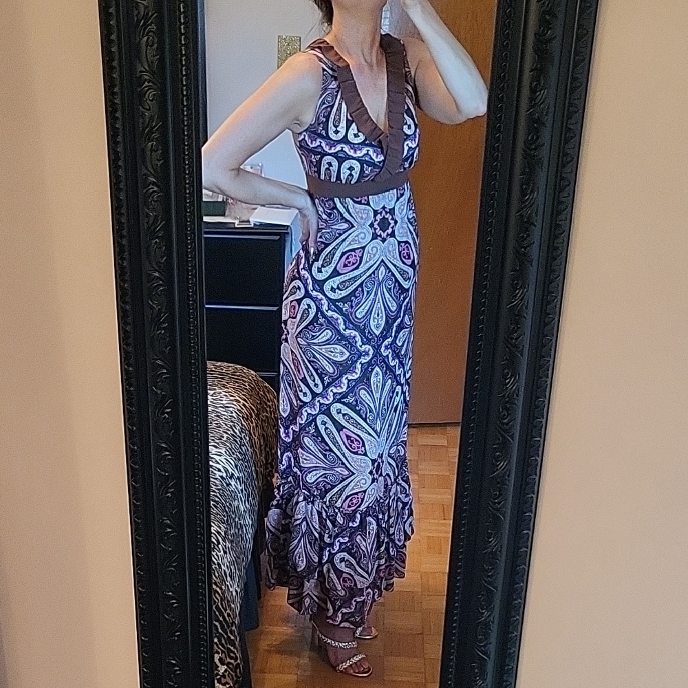 Elegant Pink & Tan Sleeveless Ruffled Bohemian Maxi Dress